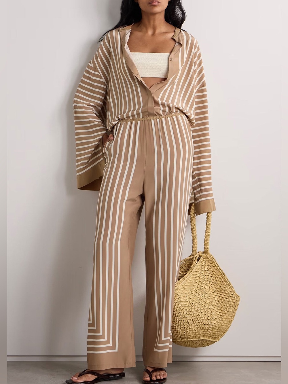 Toteme Striped Silk Crepe Wide Leg Pants in Camel